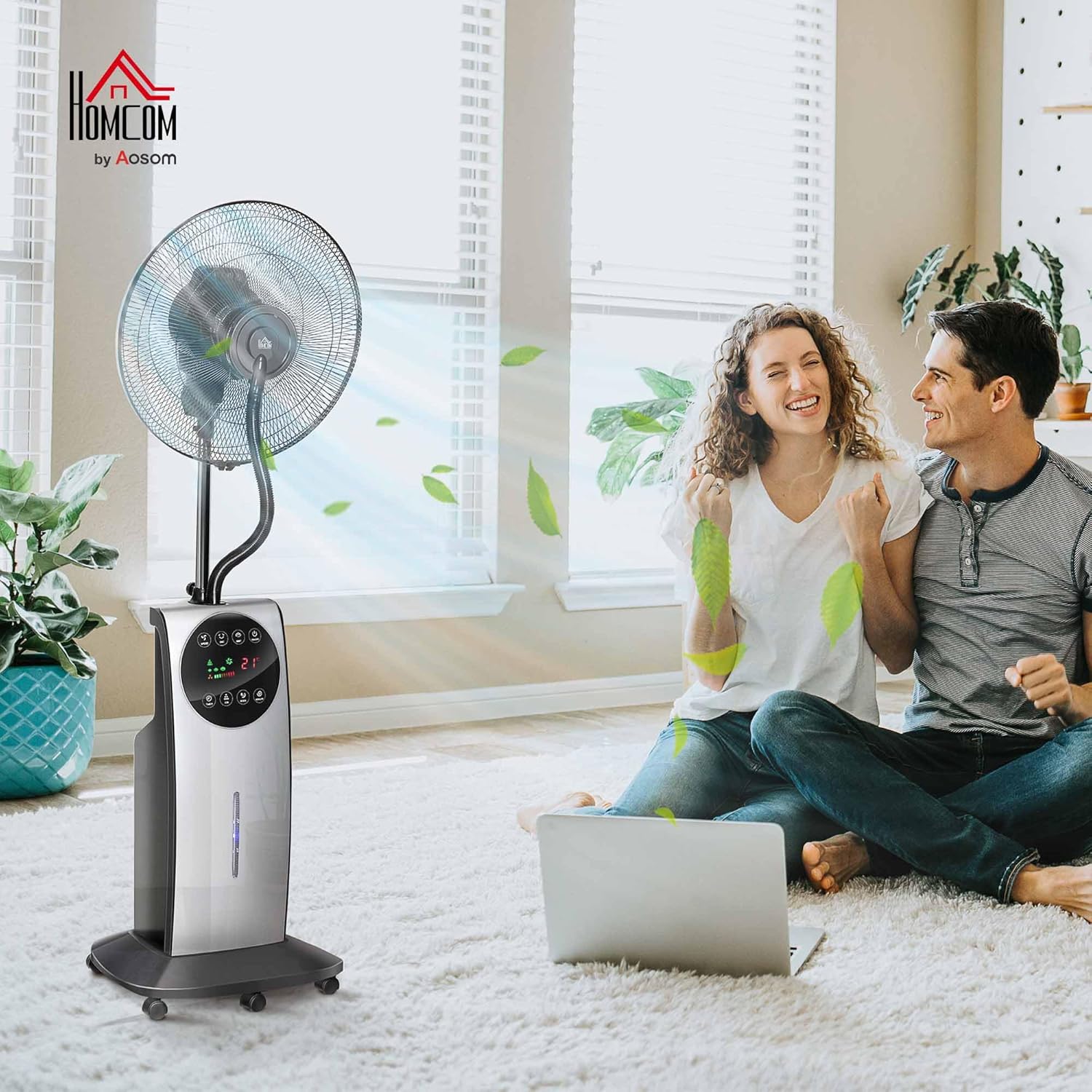 HOMCOM Ventilateur brumisateur silencieux 90 W, ventilateur sur pied 135 cm avec 3 modes 3 vitesses, télécommande, minuterie 12H, oscillation à 70°, écran LED, réservoir d'eau de 3,1L, gris et noir