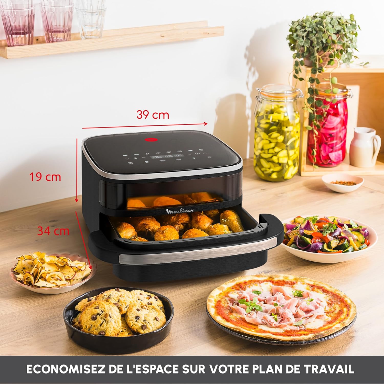 Moulinex Easy Fry XL Surface & Pizza 4L, Air fryer, Très grande surface de cuisson, Compact, Fenêtre de visualisation, Noir, AL4018F0