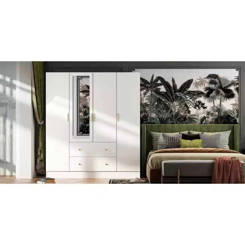 Hitow Armoire 2-Large Drawer Center Hanging Area with Mirror Minimalist Style
