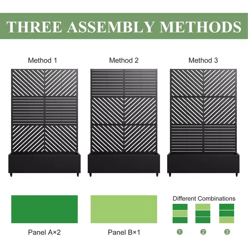 MAYEERTY Planter Box with Trellis Iron Black Parallel Line 01 Louvered Classic Combined Style 72x47x16in 3-Piece Set