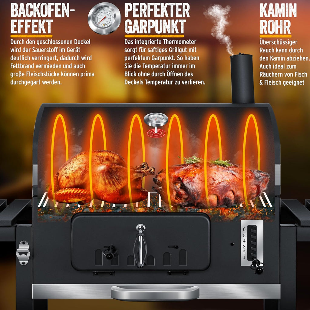 KESSER® Chariot à Barbecue , Grill XXL à Charbon de Bois avec Couvercle, Roues, poignée en Acier Inoxydable, Grille et thermomètre , Grand Barbecue au Charbon de Bois