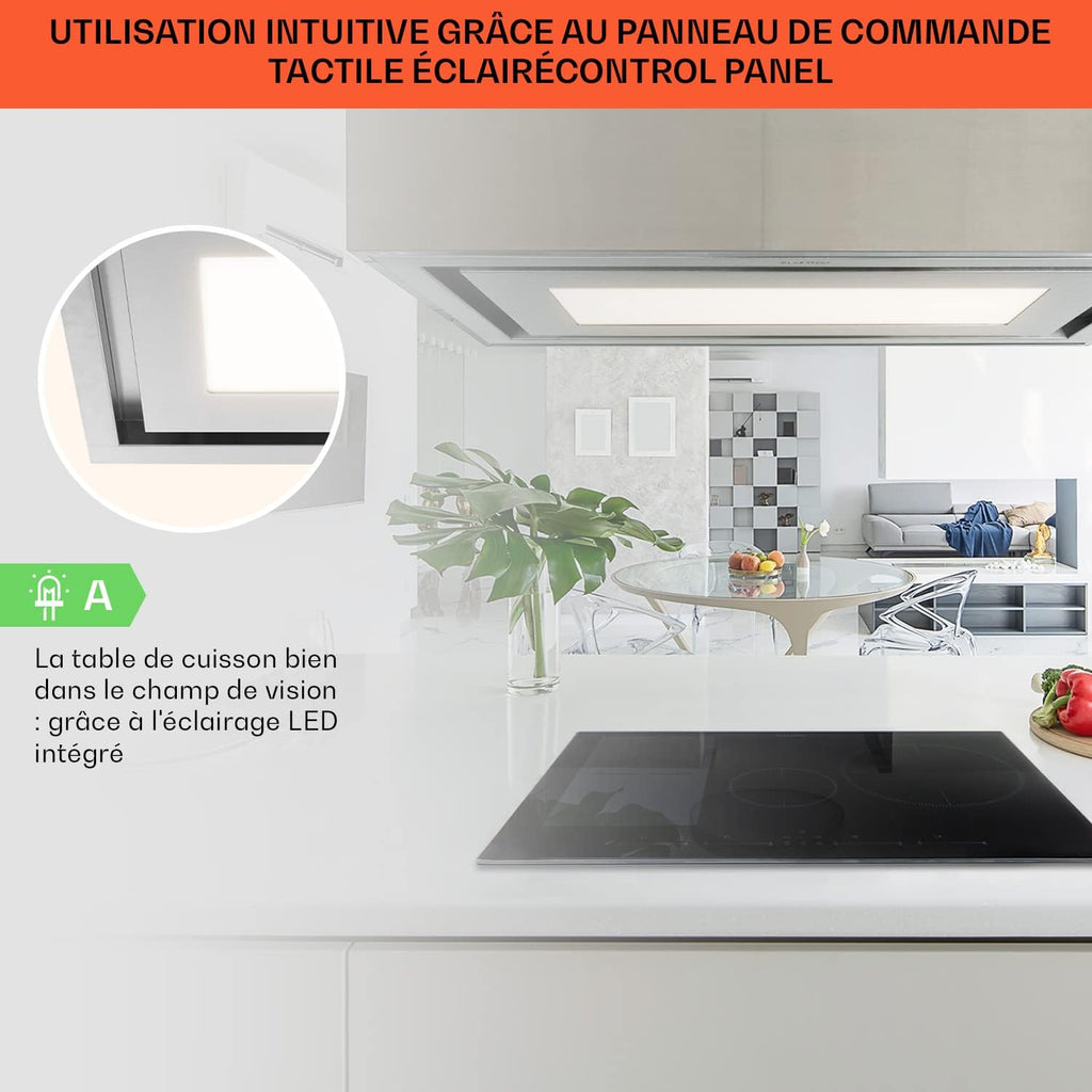 Klarstein Remy Brilliant Edition - Hotte îlot, 618 m³/h, 230 W, télécommande, lampe LED: 3 niveaux de luminosité jusqu'à 6500 Kelvin, filtre à graisse, extraction et recyclage d'air - 90 cm, argent