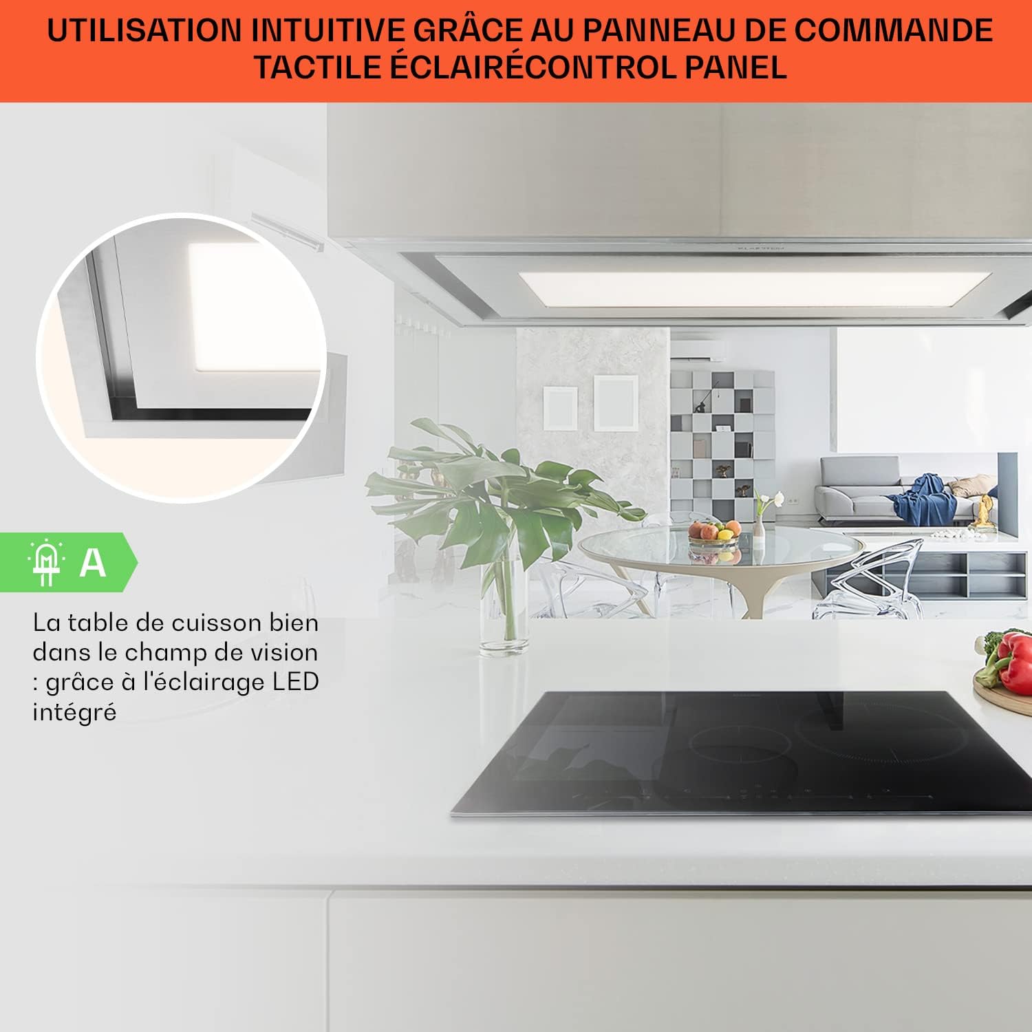Klarstein Remy Brilliant Edition - Hotte îlot, 618 m³/h, 230 W, télécommande, lampe LED: 3 niveaux de luminosité jusqu'à 6500 Kelvin, filtre à graisse, extraction et recyclage d'air - 90 cm, argent