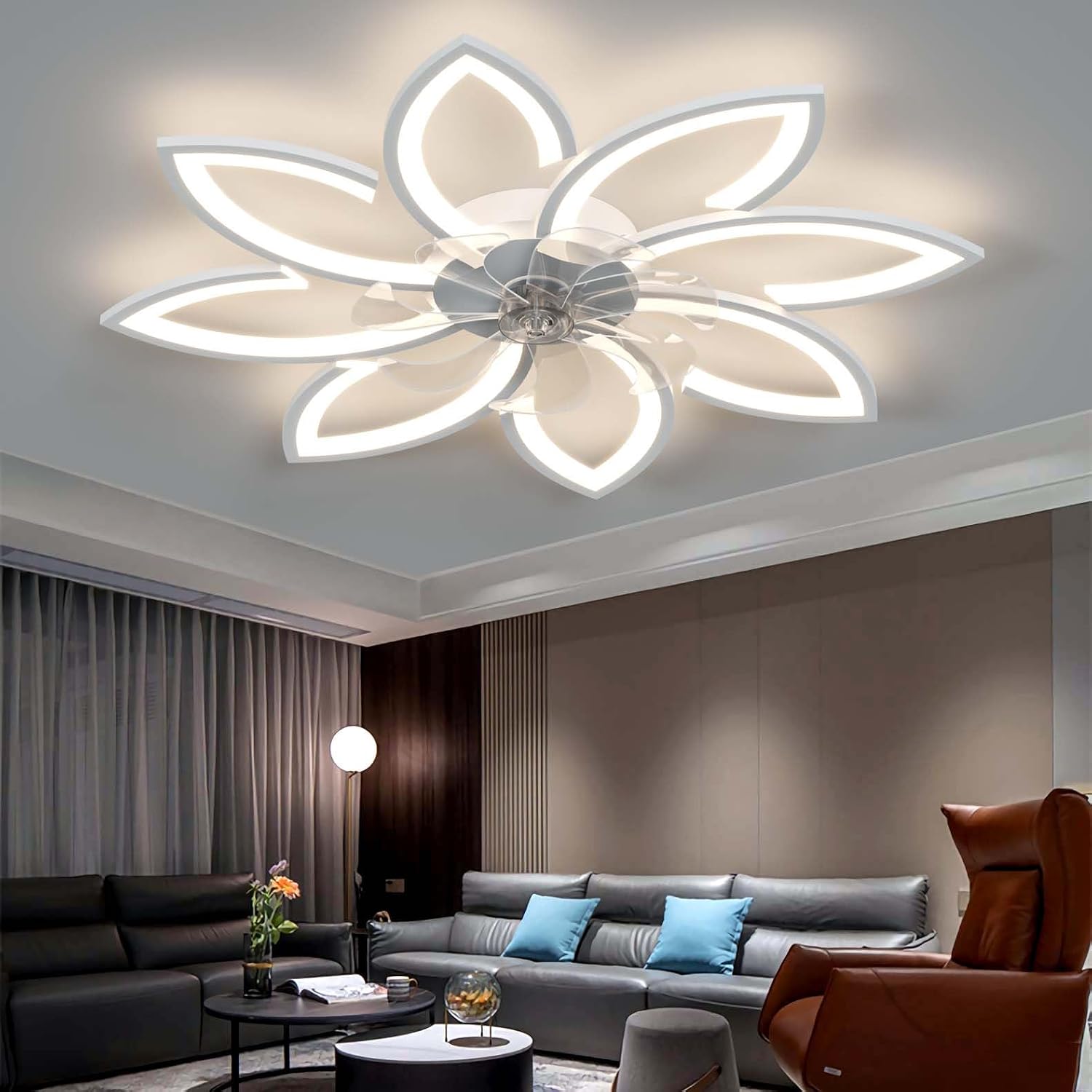 YUNZI Sourdine Ventilateur de Plafond avec lumière avec télécommande, LED Dimmable Lampe de Plafond Moderne Ventilateur de Plafond pour Salon Chambre à Coucher, Réglable 6 Vitesses, Blanc 90CM