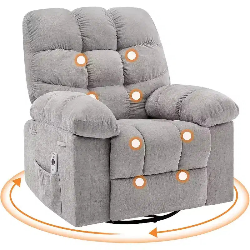 Massage Recliner Chair with Heat - 360 Swivel Rocker, Oversized Single Sofa w/ Vibration, USB & Storage Pockets for Living Room/Bedroom