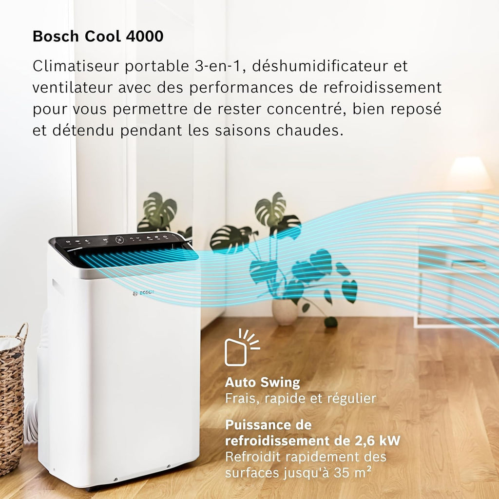 Bosch Cool 4000 Portable AC - 3 en 1 Climatiseur, Déshumidificateur, Ventilateur - 2,6 kW pour les pièces jusqu'à 35m² - Avec Mode Auto, Mode Silencieux et Mode Veille (48 db (A)) Classe A+]