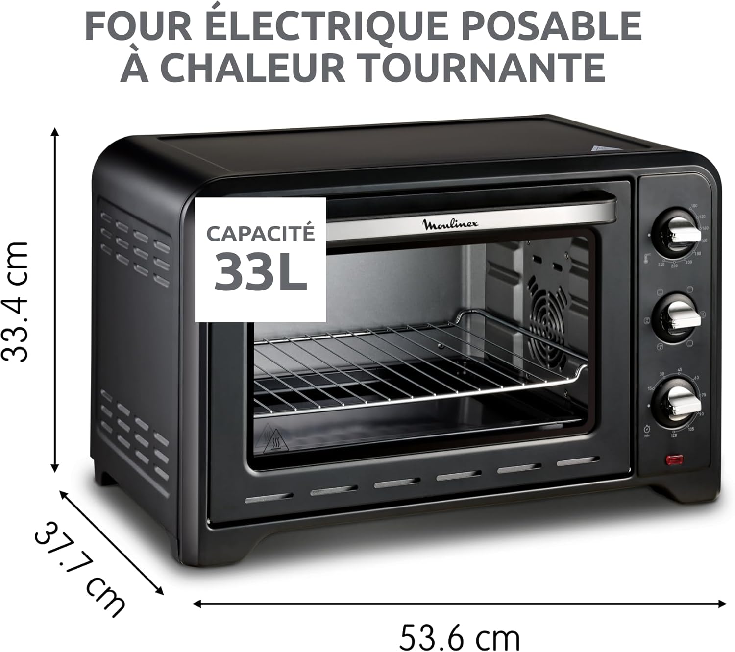 Moulinex Four posable 33 L, Chaleur tournante, Convection de pointe, 6 modes de cuisson, Thermostat réglable jusqu'à 240 °C, Timer 120 min, Grille réversible, Maniques silicone, Optimo Noir OX464811