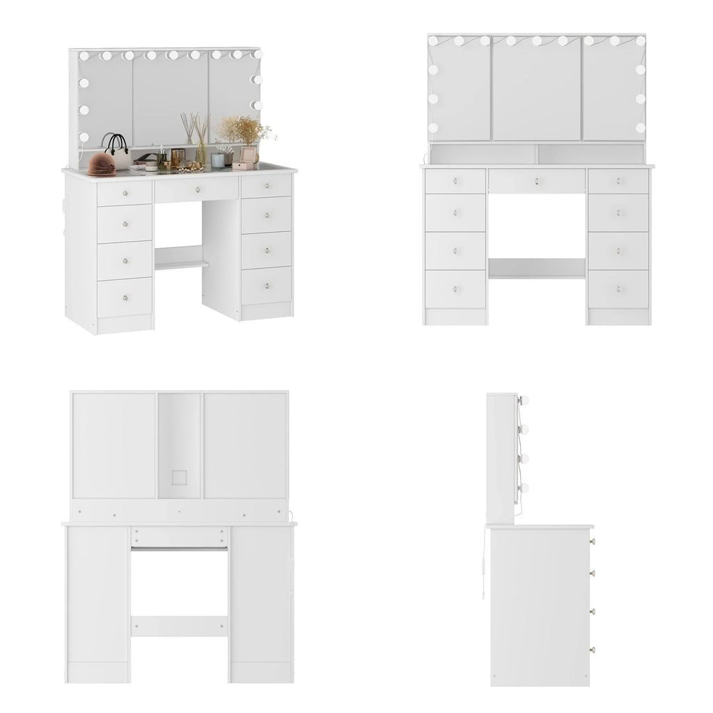 Makeup Vanity w/Tri-Fold Mirror Certified Lighting Glass Top Dresser