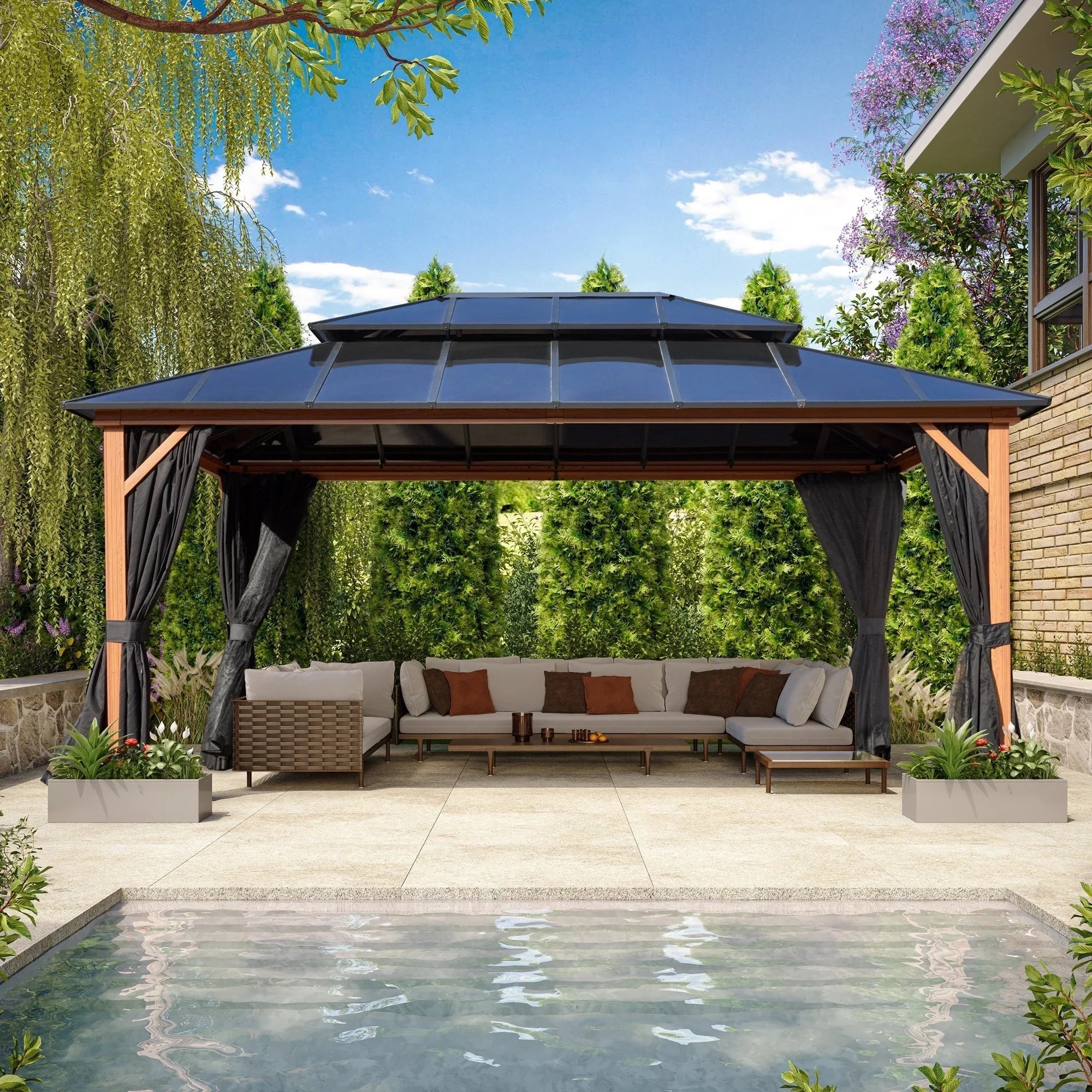 EROMMY Hardtop Gazebo,Outdoor Pergola with Double Roof & Netting & Curtains,Heavy Duty Canopy for Patio, Backyard, Pool party