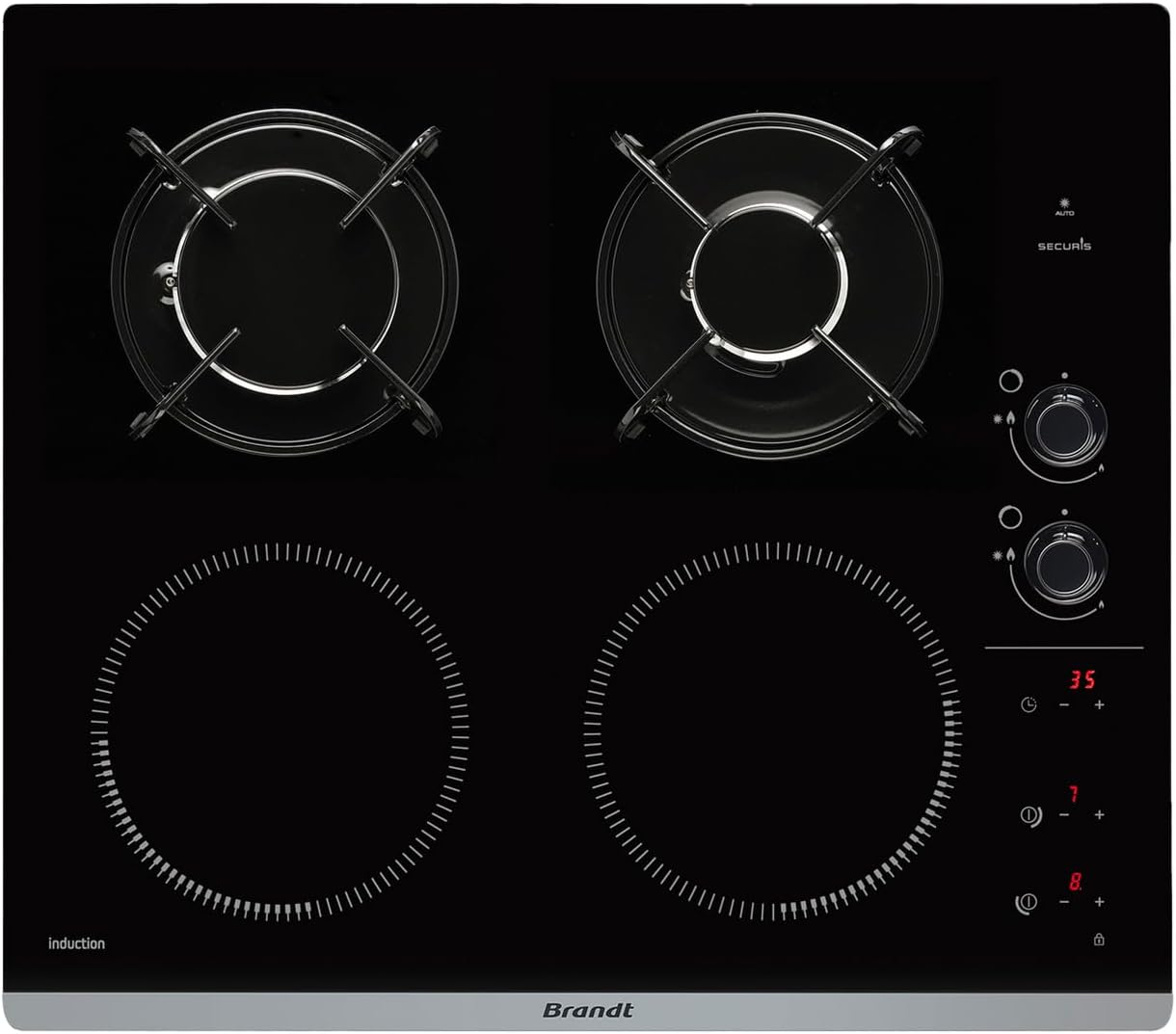 Brandt - BPI6413BM - Plaque Induction et Gaz - Table de Cuisson - Noir - 4 Foyers - 3400W Electrique et 4600 Gaz - Dimensions Encastrement : 56x49cm - 9 Positions par Foyer - Fabriqué en France(Default Title)