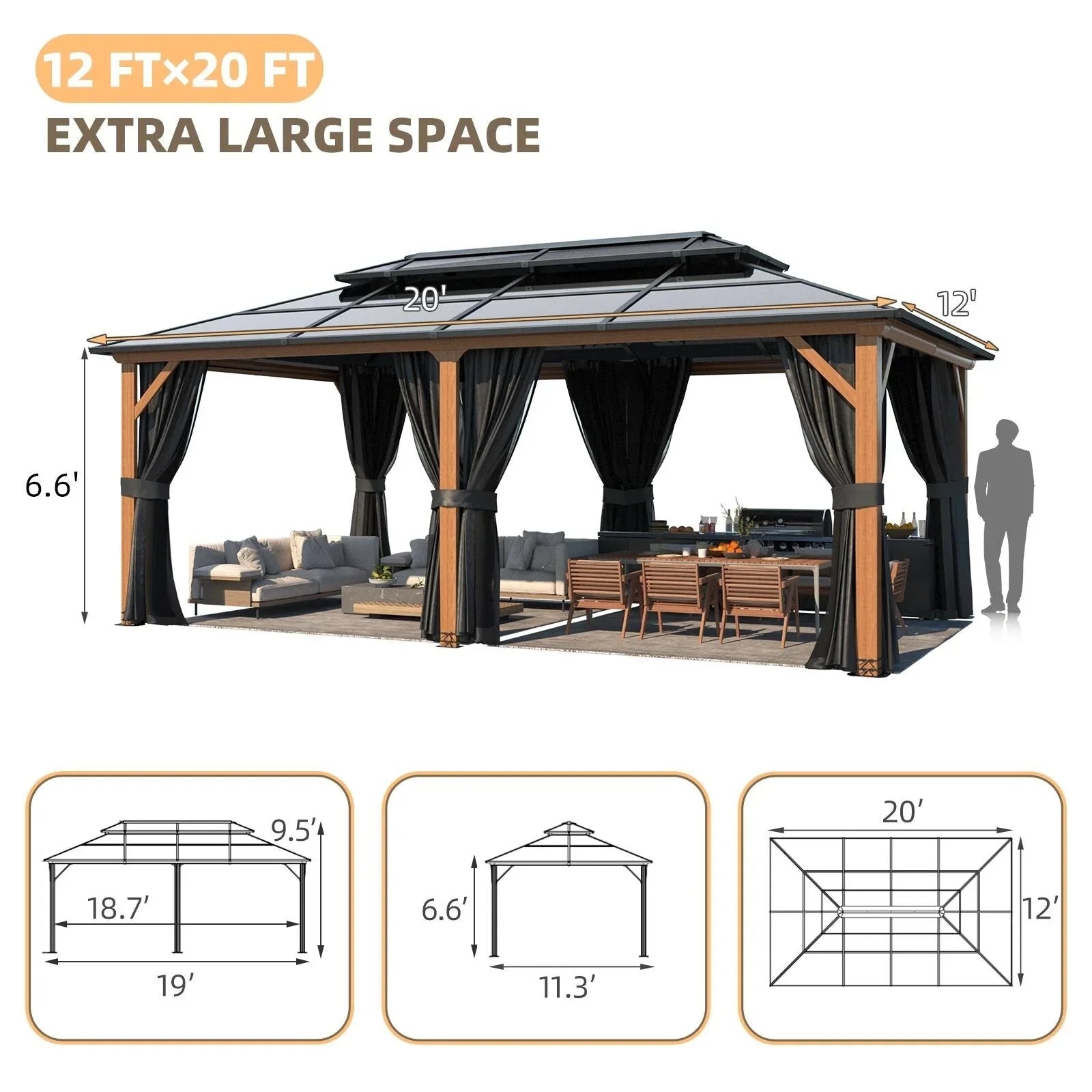EROMMY Hardtop Gazebo,Outdoor Pergola with Double Roof & Netting & Curtains,Heavy Duty Canopy for Patio, Backyard, Pool party