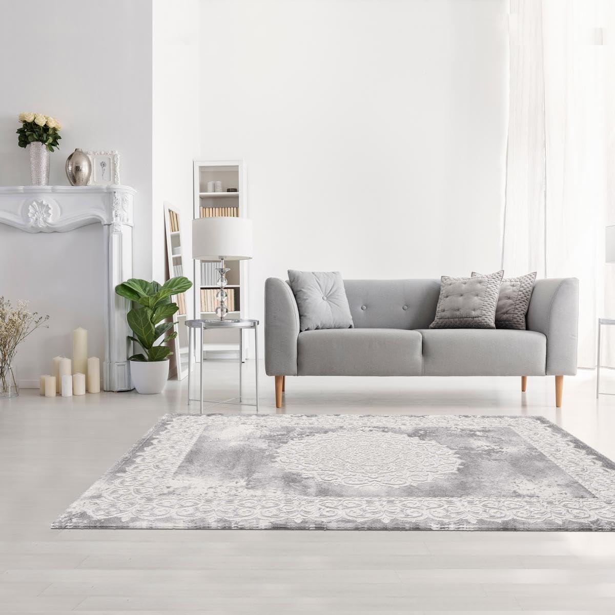 1A2T - Tapis Salon Moderne Design Oriental Style - Grand Tapis Salon Gris 160x220 cm - Tapis à Poils Ras Rectangulaire idéal pour Le Salon, 3582
