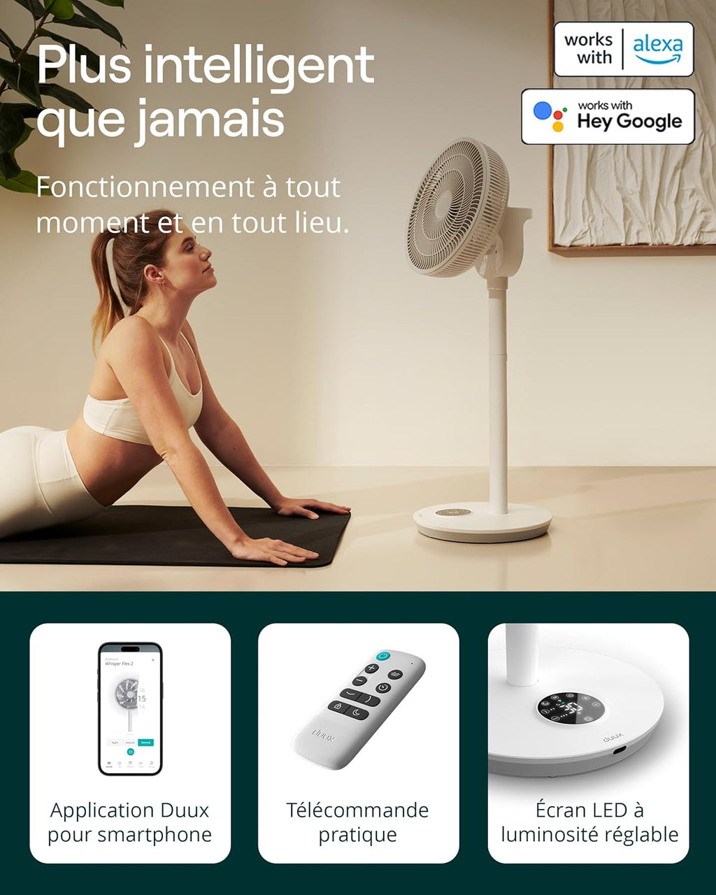 Duux Ventilateur intelligent Whisper Flex 2 – ultra silencieux 13 dB – mode nuit & minuterie – hauteur réglable (54–92 cm) – 2W éco – contrôle app & télécommande – Blanc