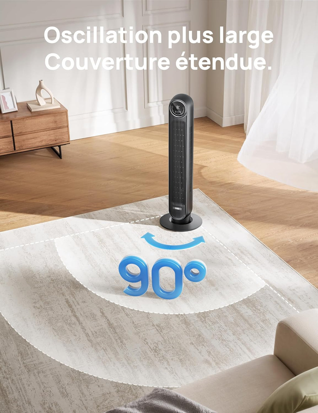 Dreo 20dB ventilateur colonne silencieux pour chambre, 7,6 m/s, oscillant à 90°, 92 cm, avec télécommande, ventilateurs tour équipés de 4 vitesses, 4 modes, et minuterie 8H, noir, Nomad One