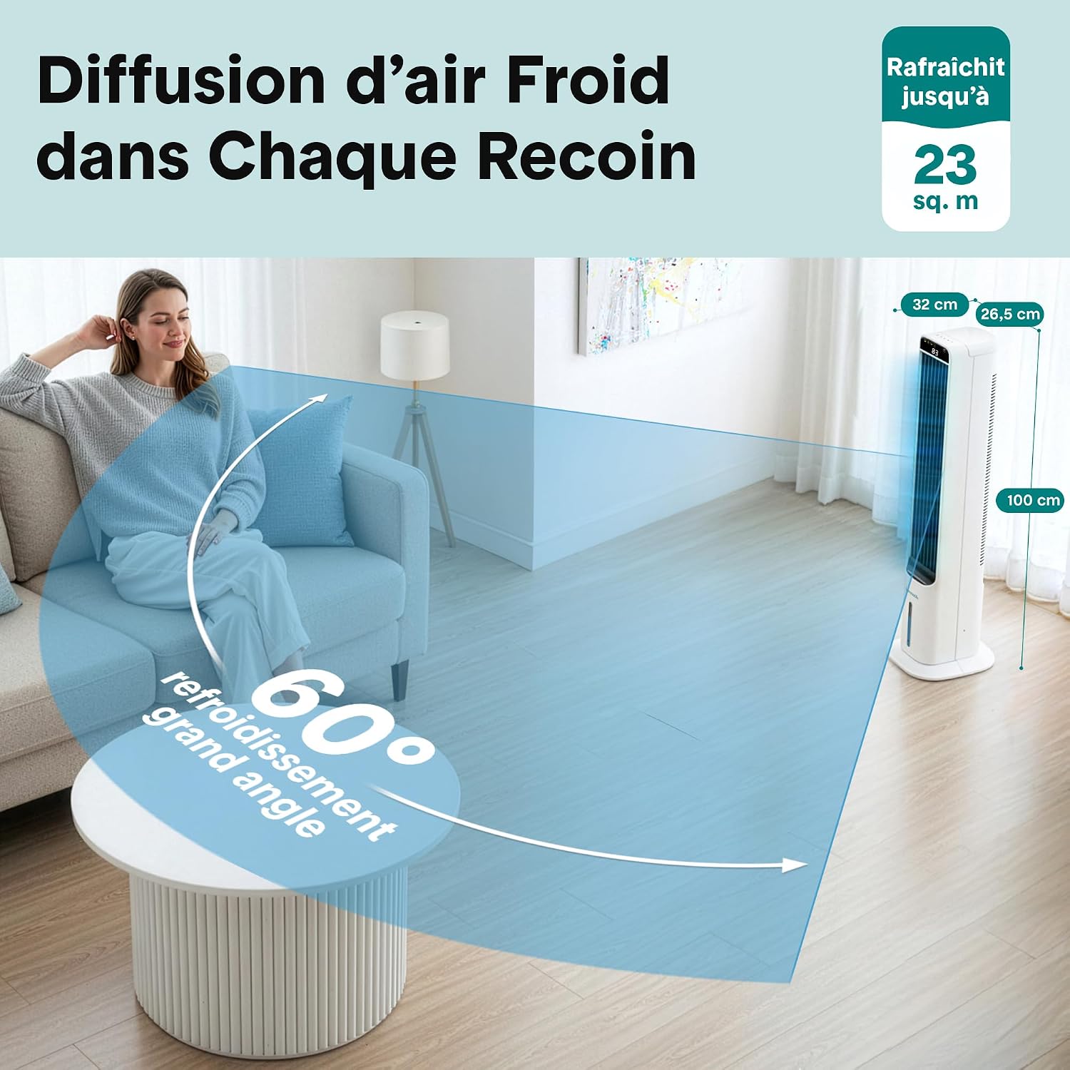 SereneLife Rafraîchisseur d'Air Évaporatif 5 L avec Télécommande, Ventilateur Colonne Oscillant Silencieux, 3 Vitesses, 4 Blocs Réfrigérants, Pour Chambre, Salon et Bureau