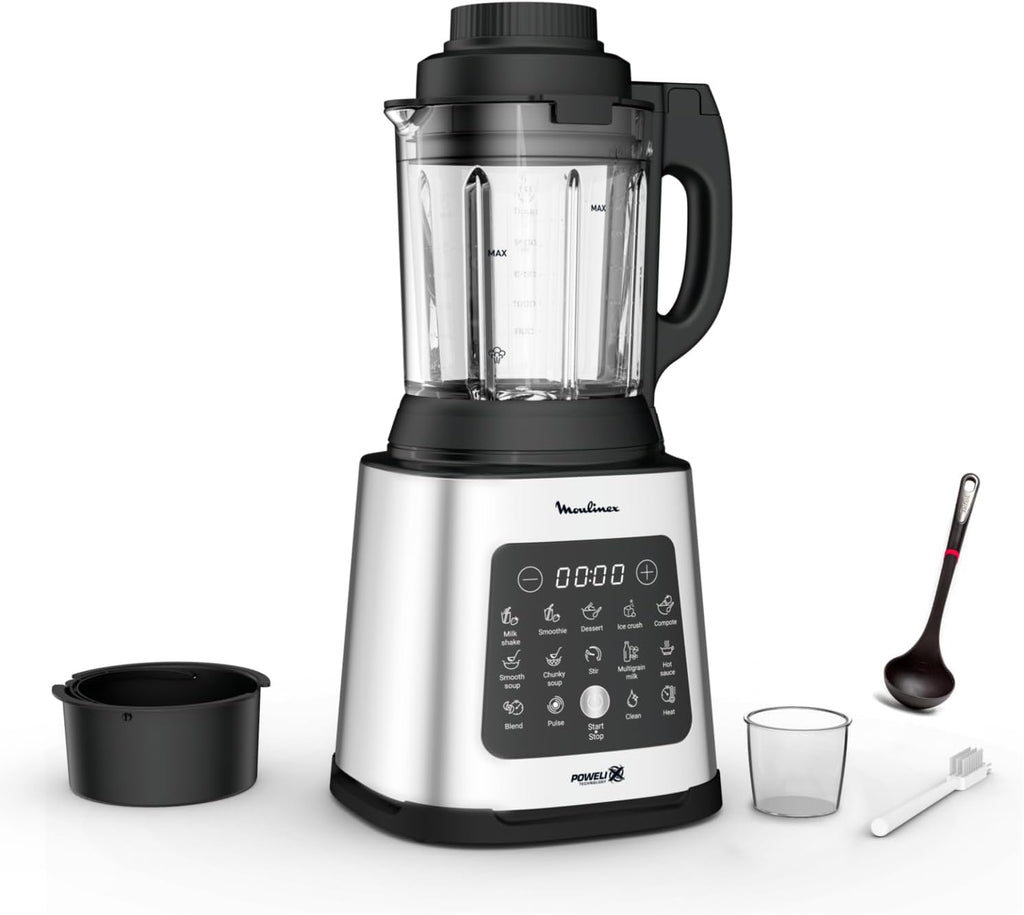 Moulinex Perfectmix Cook blender chauffant à haute vitesse, 10 programmes automatiques, 1400 W, YY5607FG, Noir et Transparent, Métal