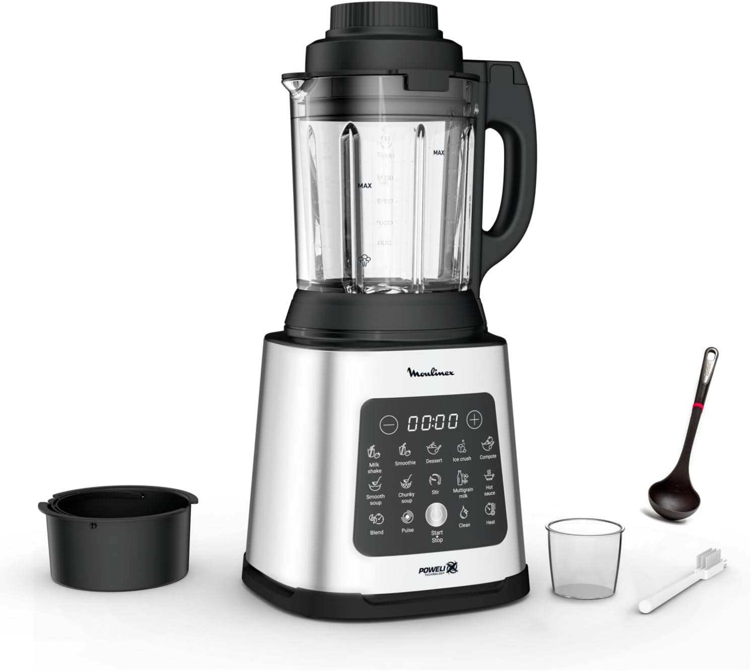 Moulinex Perfectmix Cook blender chauffant à haute vitesse, 10 programmes automatiques, 1400 W, YY5607FG, Noir et Transparent, Métal