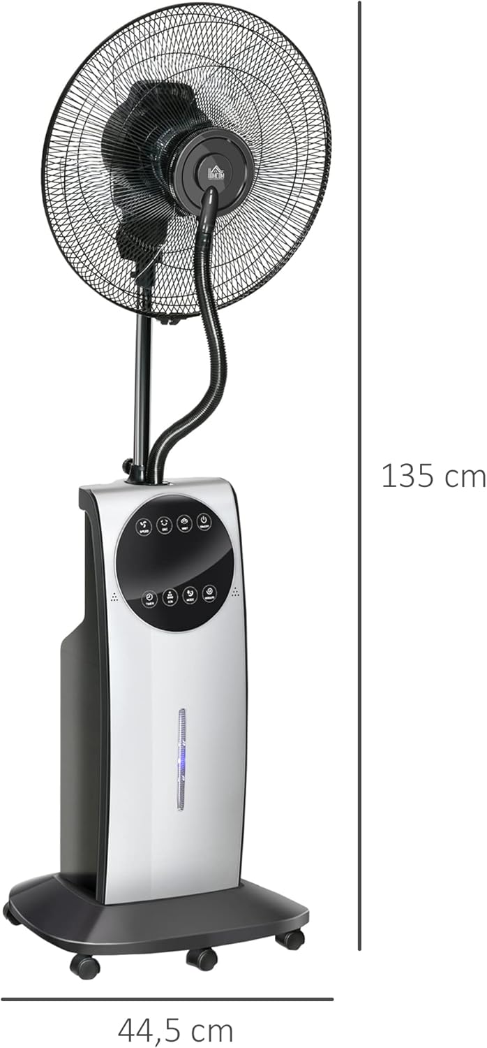 HOMCOM Ventilateur brumisateur silencieux 90 W, ventilateur sur pied 135 cm avec 3 modes 3 vitesses, télécommande, minuterie 12H, oscillation à 70°, écran LED, réservoir d'eau de 3,1L, gris et noir