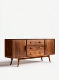 Buffet rectangulaire en noyer, 2 portes et 6 tiroirs sur pieds hauts