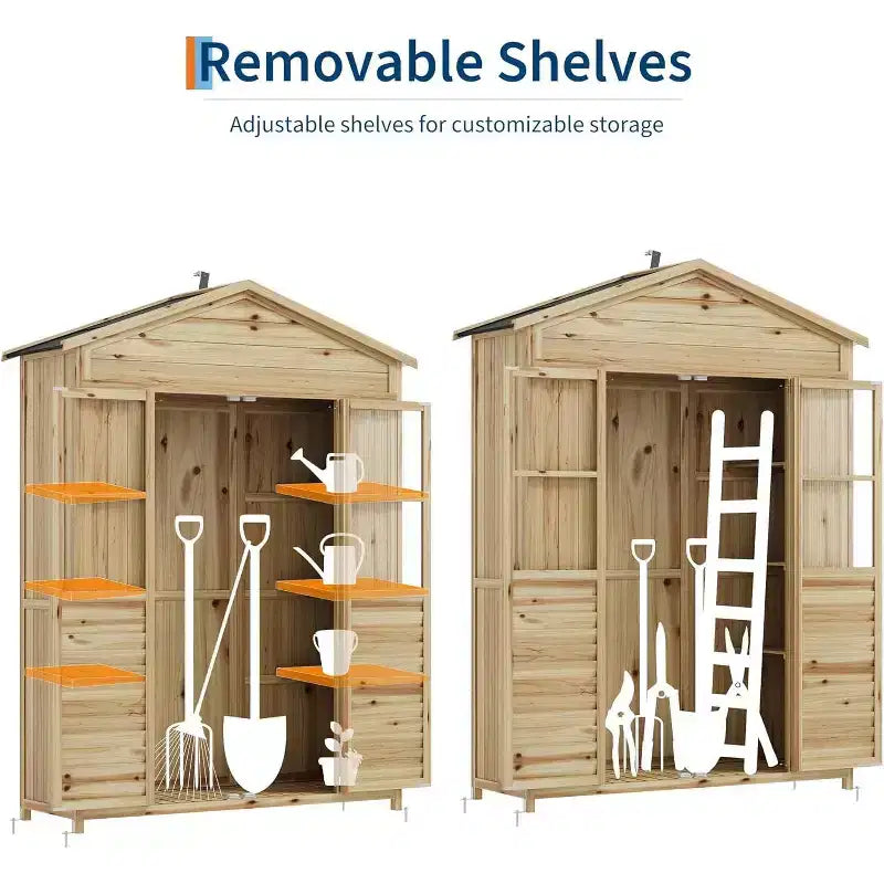 Weather-Resistant Wooden Patio Cabinet  Fir Wood with Waterproof Roof, 6 Adjustable Shelves, Stakes & Anti-Falling Kits  Ideal for Garden Tools