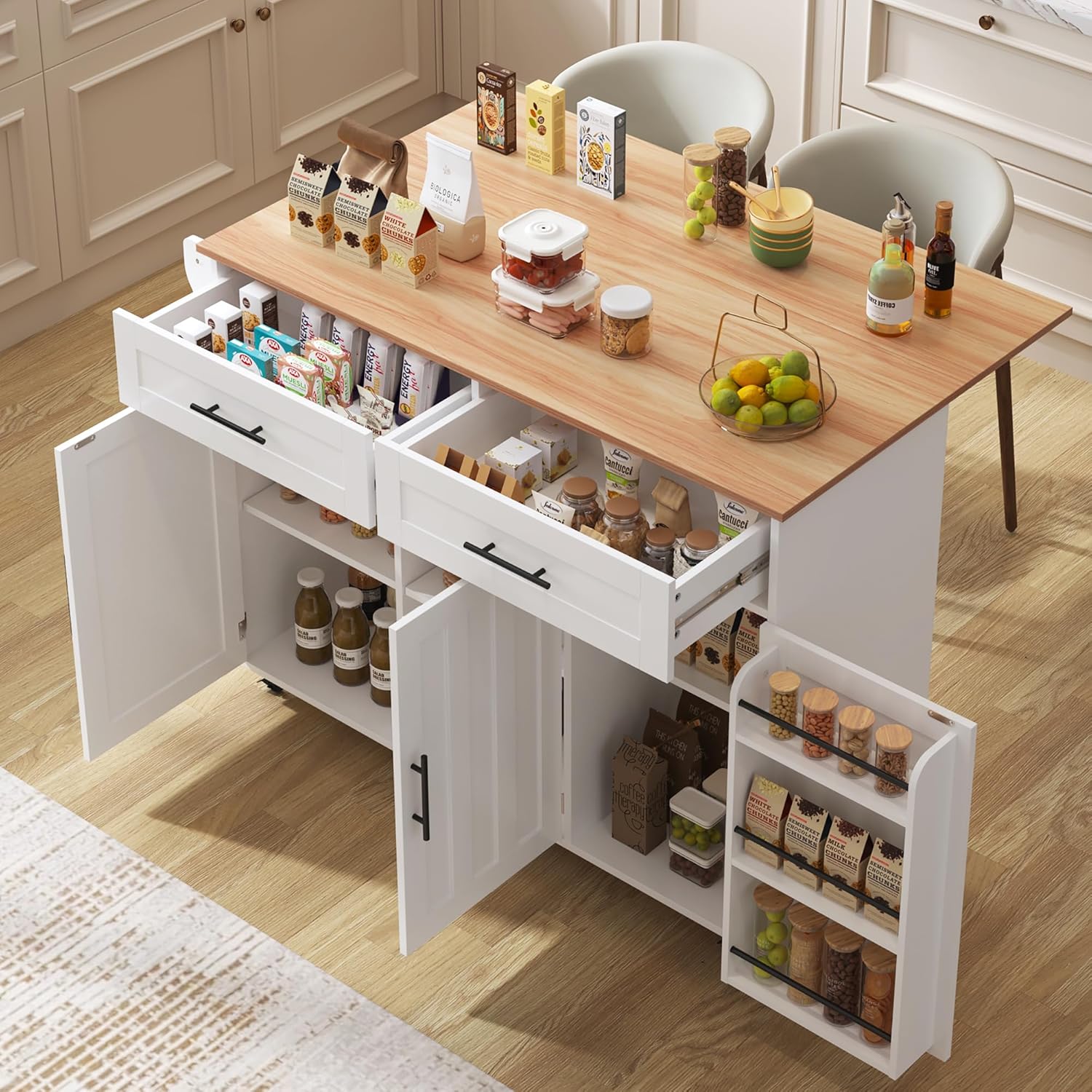 Desserte îlot de cuisine sur roulettes avec plan de travail rabattable, 2 tiroirs et 3 portes, blanc, 129 × 71 × 91,5 cm
