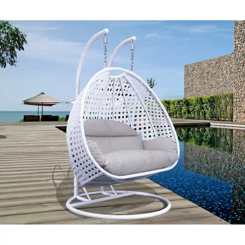 Egg-Shaped Hanging Swing Chair with Metal Stand, Wicker Frame & Cushion �C Beige / Charcoal Blue / White / Blue / Antique White / Brown / Canvas, Seats 2