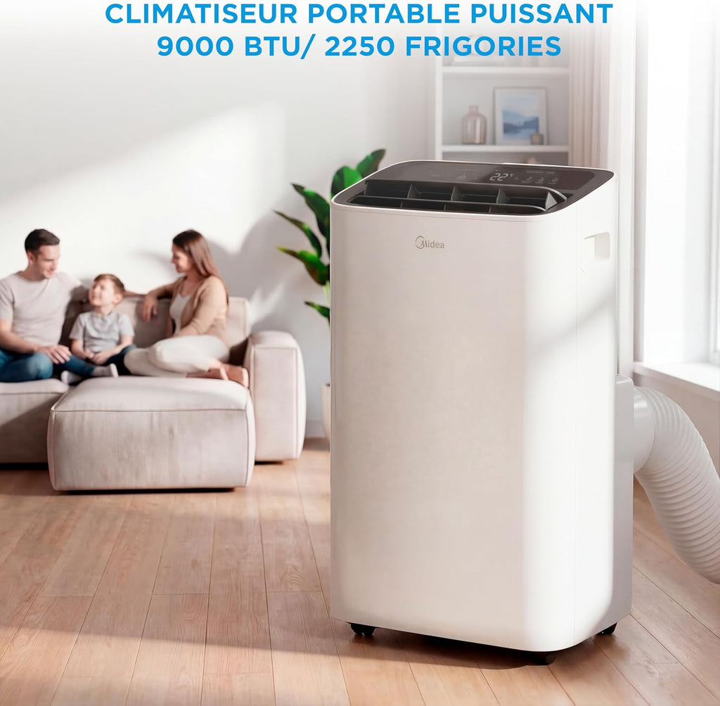 MIDEA Climatiseur Mobile Silencieux 9000 BTU avec Évacuation | 4 en 1: Climatisation, Ventilation, Déshumidification, Sleep | Clim Portable avec Contrôle App & Télécommande | Kit de Fenêtre Inclus