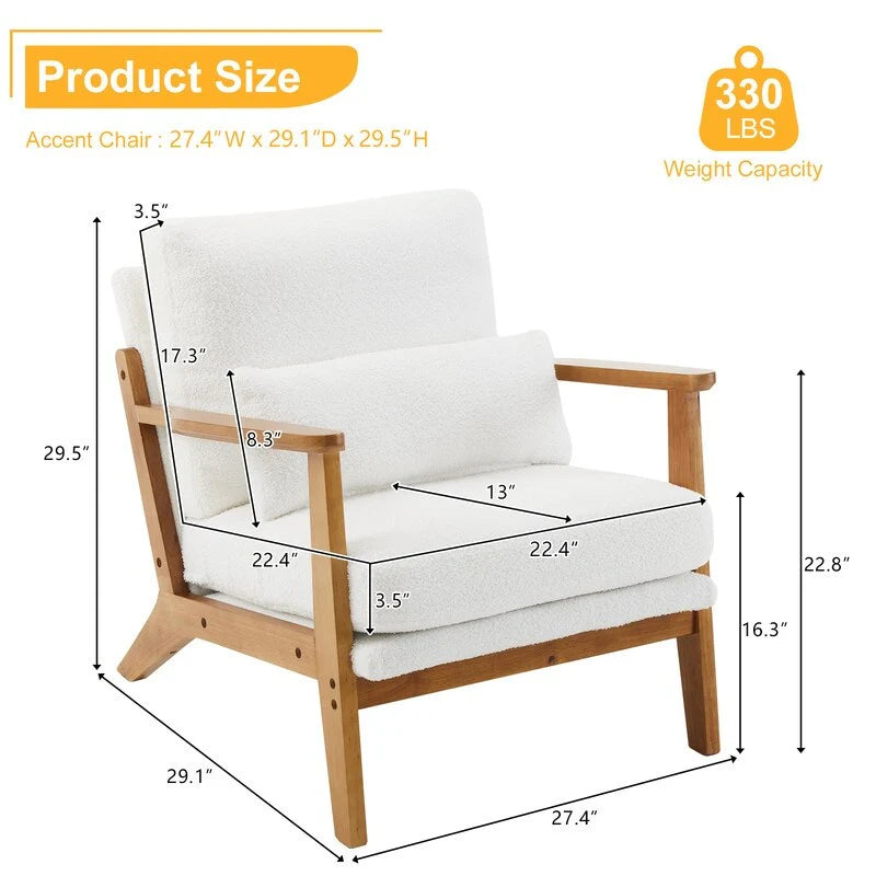Upholstered Linen Blend Accent Chair with Wooden Legs and One Pillow Beige