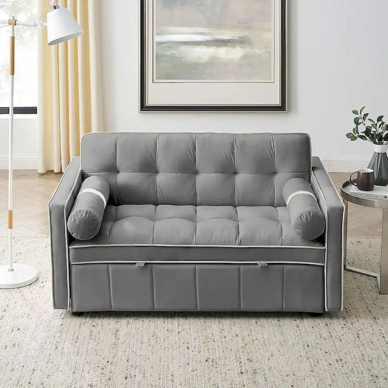 Velvet Multi-Functional Pull-Out Sofa Bed Adjustable Reclining Backrest With Pillows - N/A