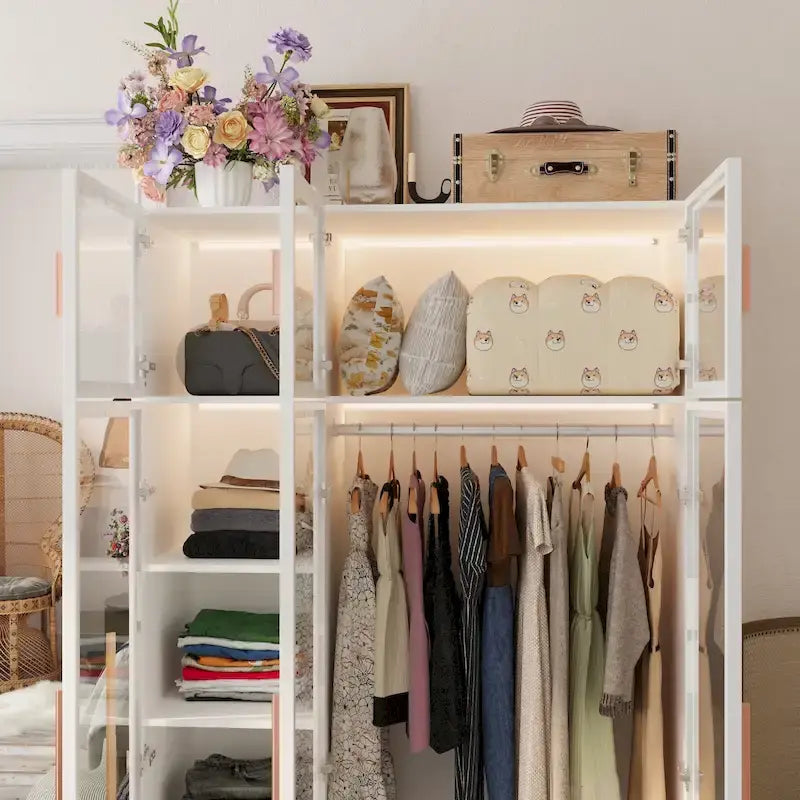 47.2 Wide Armoire LED Light All Glass Door Closet Cabinet Wardrobe