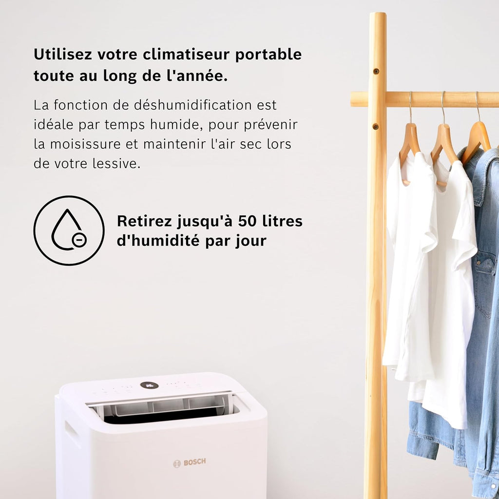 Bosch Cool 2000 Portable AC - 3 en 1 Climatiseur, Déshumidificateur, Ventilateur - 2,6 kW pour les pièces jusqu'à 35m² - Avec Mode Auto, Mode Silencieux et Mode Veille (46 db (A)) [Classe A]