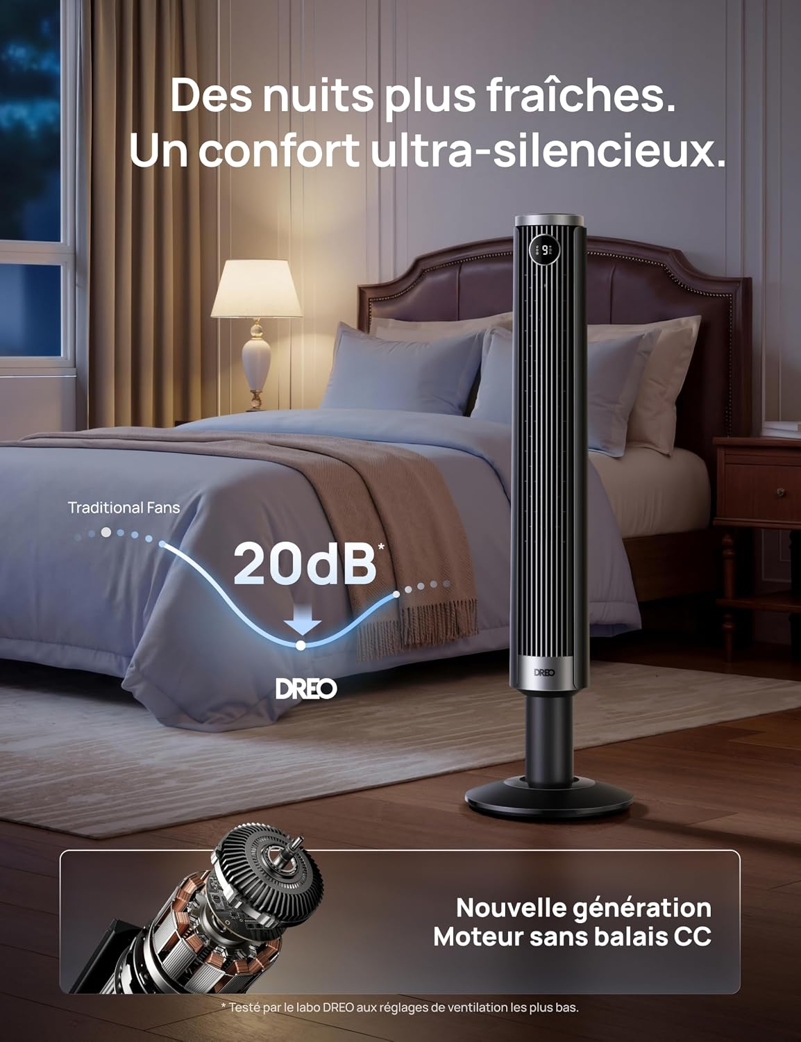 DREO Ventilateur colonne intelligent 554S, ventilateur sur pied réglable 102–114 cm, 8.4 m/s, oscillation 90°, silencieux 20 dB, 9 vitesses, 4 modes, minuterie 12 h, compatible Google et Alexa