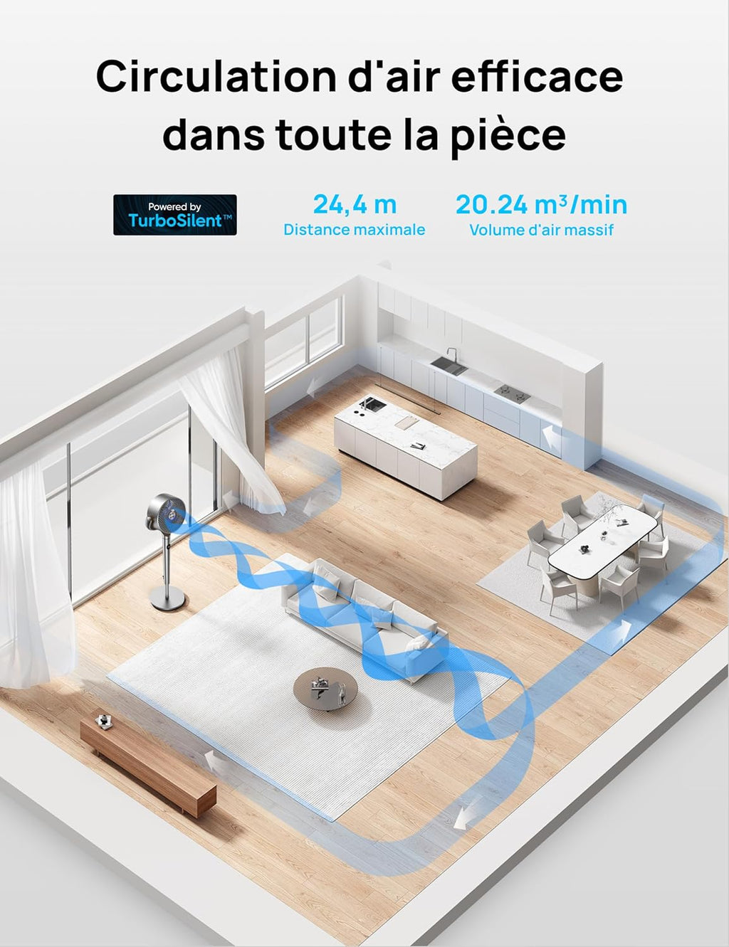DREO 23dB ventilateur sur pied silencieux, portée de 24M, volume d'air 1200m³/h, turbo circulateur, hauteur de 102CM, 3 modes, 8 vitesses, oscillation omnidirectionnelle 120°+120°, PolyFan 502