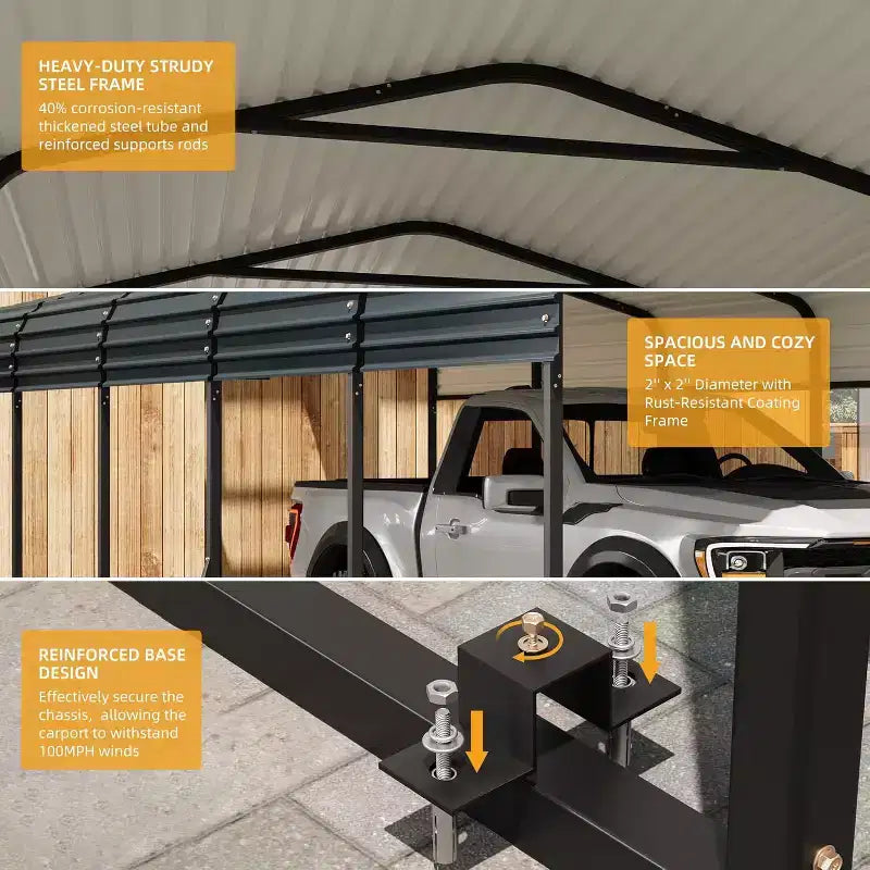 LinTimes 12x24 FT Metal Carport with Galvanized Steel Roof, Powder-Coated Frame, Water-Resistant Shelter for Vehicles, Outdoor Protection