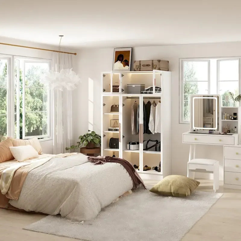 47.2 Wide Armoire LED Light All Glass Door Closet Cabinet Wardrobe