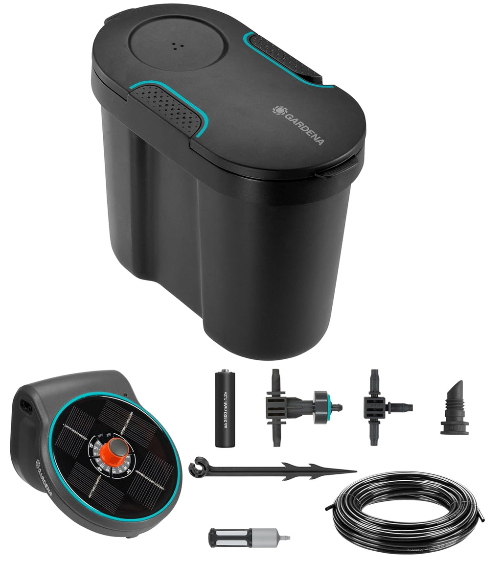 Gardena Aquabloom Solution d'arrosage Automatique Solaire avec réserve d'eau: jusqu'à 20 Plantes pour terrasse ou Balcon, arrosage Goutte à Goutte, 14 programmes d'arrosage (13301-20)