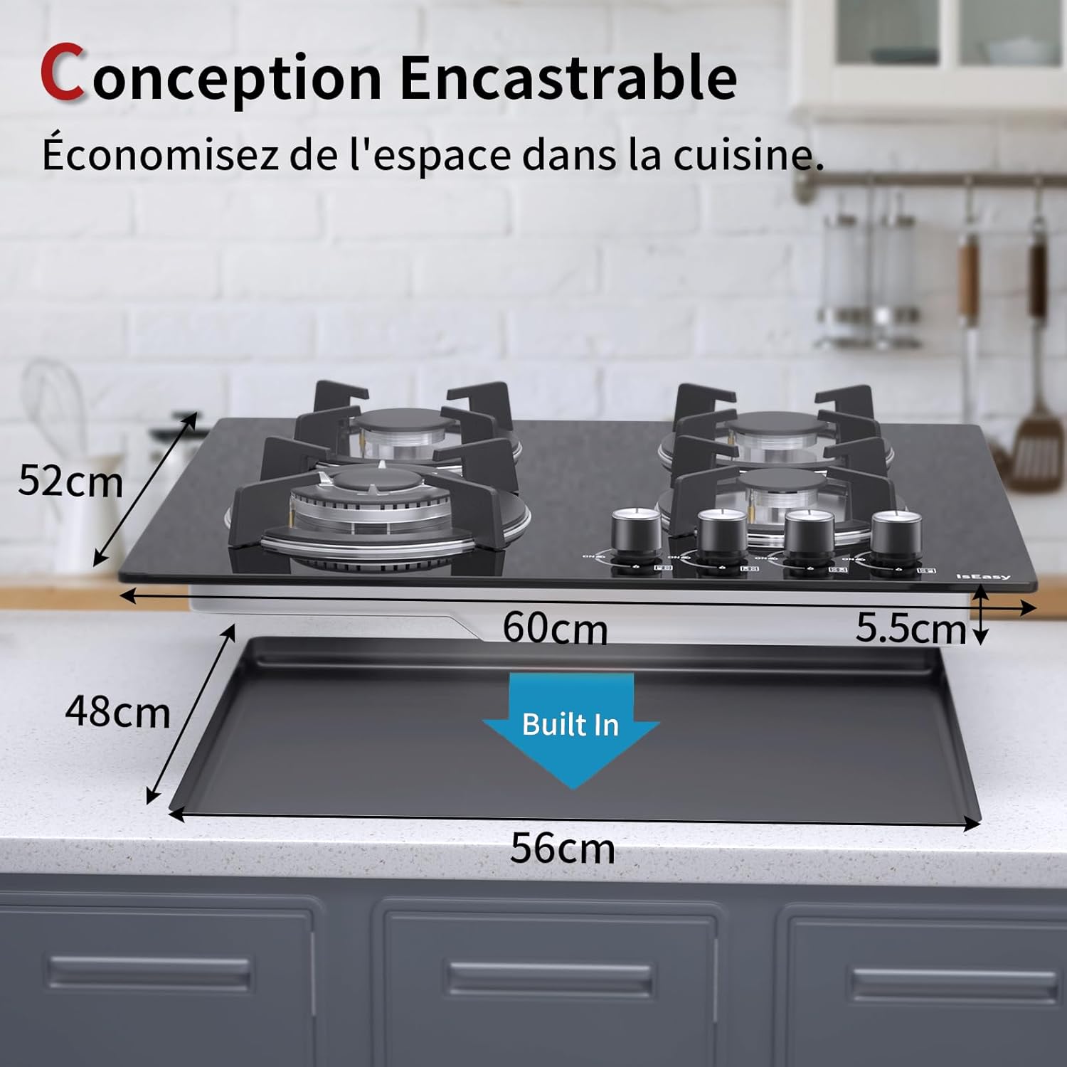 IsEasy Plaque Gaz 4 Feuxs Encastrable, Plaque de Cuisson Gaz 4 Feuxs Verre, Table Gazs 60cm, Gazs Bouteille et Ville, Avec buse NG/LPG