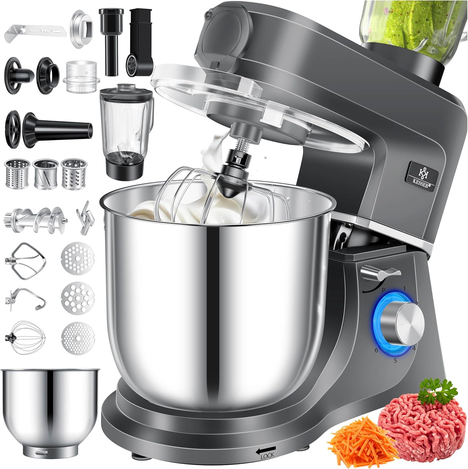 KESSER Robot de cuisine universel 3 en 1 K-KM 3000 avec hachoir à viande, pétrisseur, mélangeur multifonction, bol de 5,5 l avec 3 outils mélangeurs, presse-agrumes 1,5 l, kit d'accessoires, pâtes et
