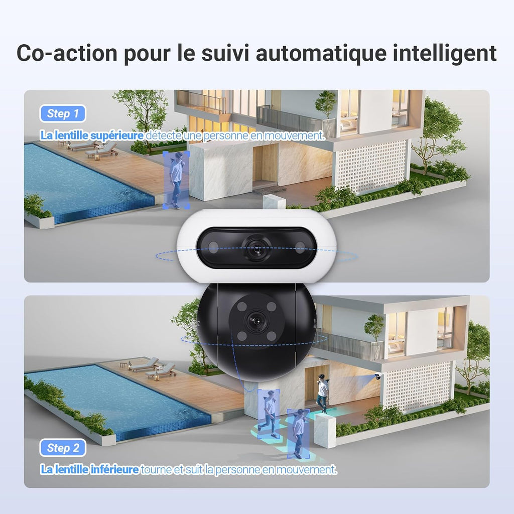 EZVIZ 8MP(4MP+4MP) Camera Surveillance WiFi Exterieure sans Fil à Double Objectif Motorisé, Camera Exterieur Solaire, Mode Always-on, Détection de Personne/Véhicule, CB90 Dual+8W Panneau Solaire