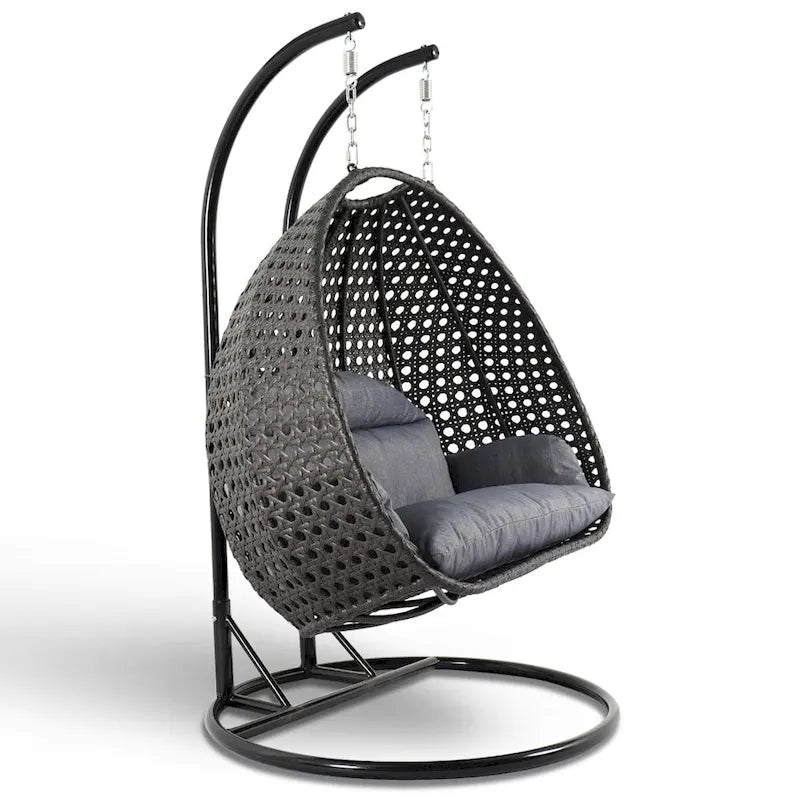 Egg-Shaped Hanging Swing Chair with Metal Stand, Wicker Frame & Cushion �C Beige / Charcoal Blue / White / Blue / Antique White / Brown / Canvas, Seats 2