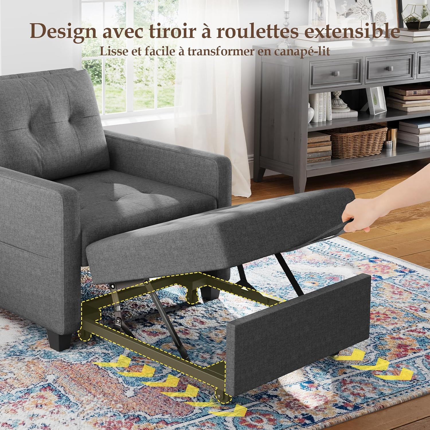 Canapé-lit Compact 3-en-1, canapé Pliant & ottomane avec Fonction lit, Fauteuil Convertible jusqu'à 200 kg, canapé-lit avec revêtement Effet Lin, Fauteuil pour Salon et Chambre d'amis, Gris foncé