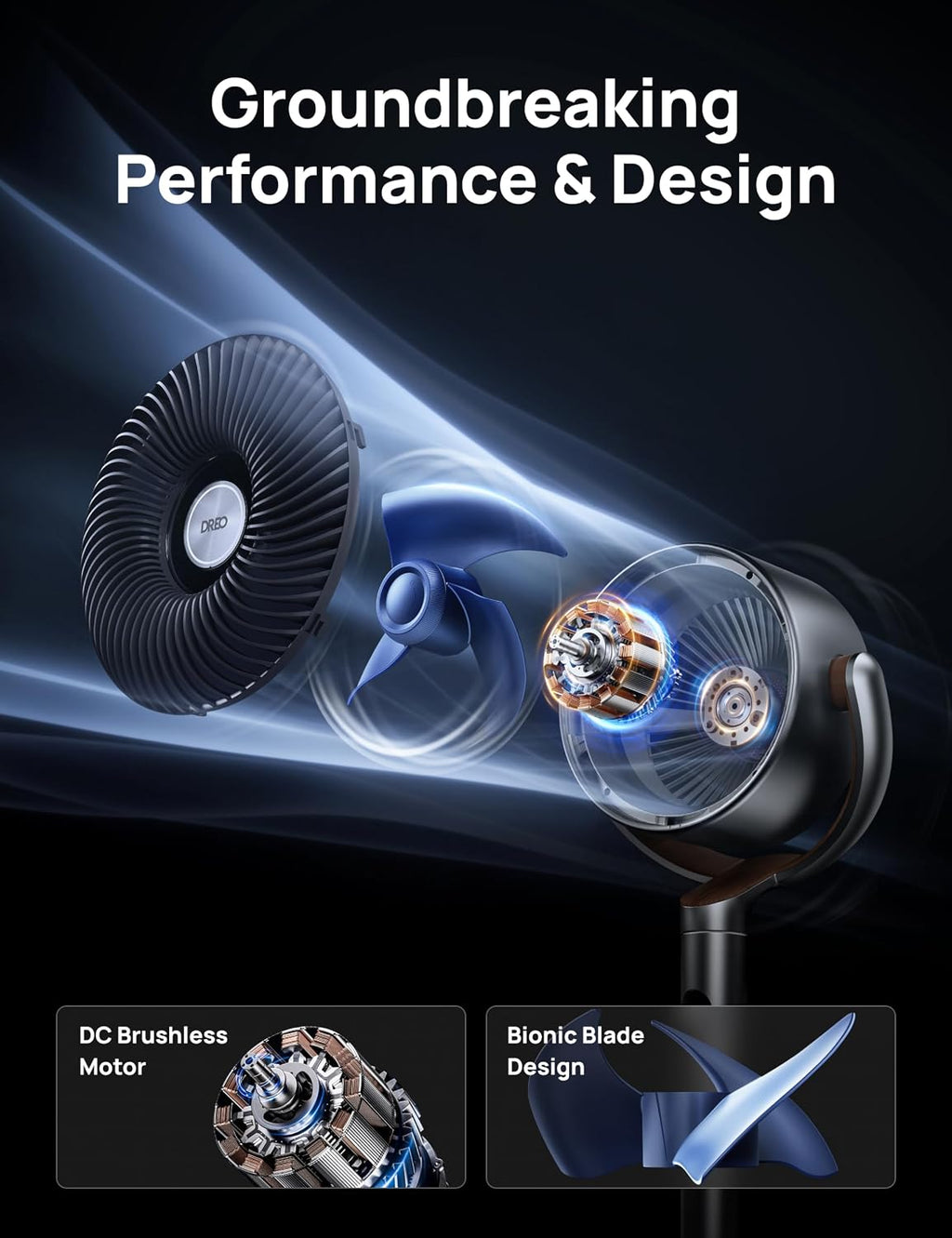 DREO 20 dB Smart Ventilateur Silencieux sur Pied, Oscillation à 120° + 120°, Ventilateurs Puissants avec Télécommande, Portée de 24 m, 6 Modes, 8 Vitesses, Minuterie de 12 h, Compatible avec Alexa