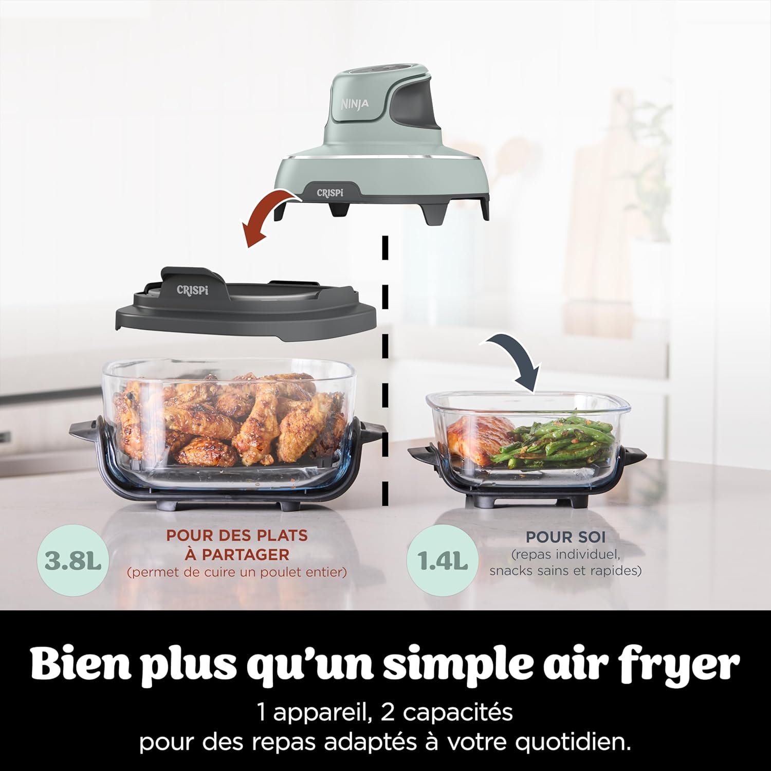Ninja CRISPi Friteuse sans huile portable, 3,8L, 4-en-1 : Frire sans huile, Rôtir, Garder au chaud, Recroustiller, Design compact, 2 récipients avec couvercles, 1 700 W, Sauge FN101EUSG