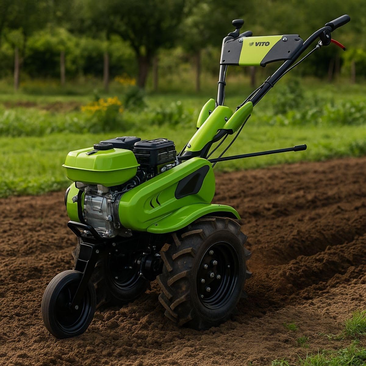 VITO - Motoculteur Thermique à Essence 4 Temps 212 cm3 7CV Transmission Courroie Largeur 70-85cm Buteur + Fraises Idéal Jardin & Maraîchage