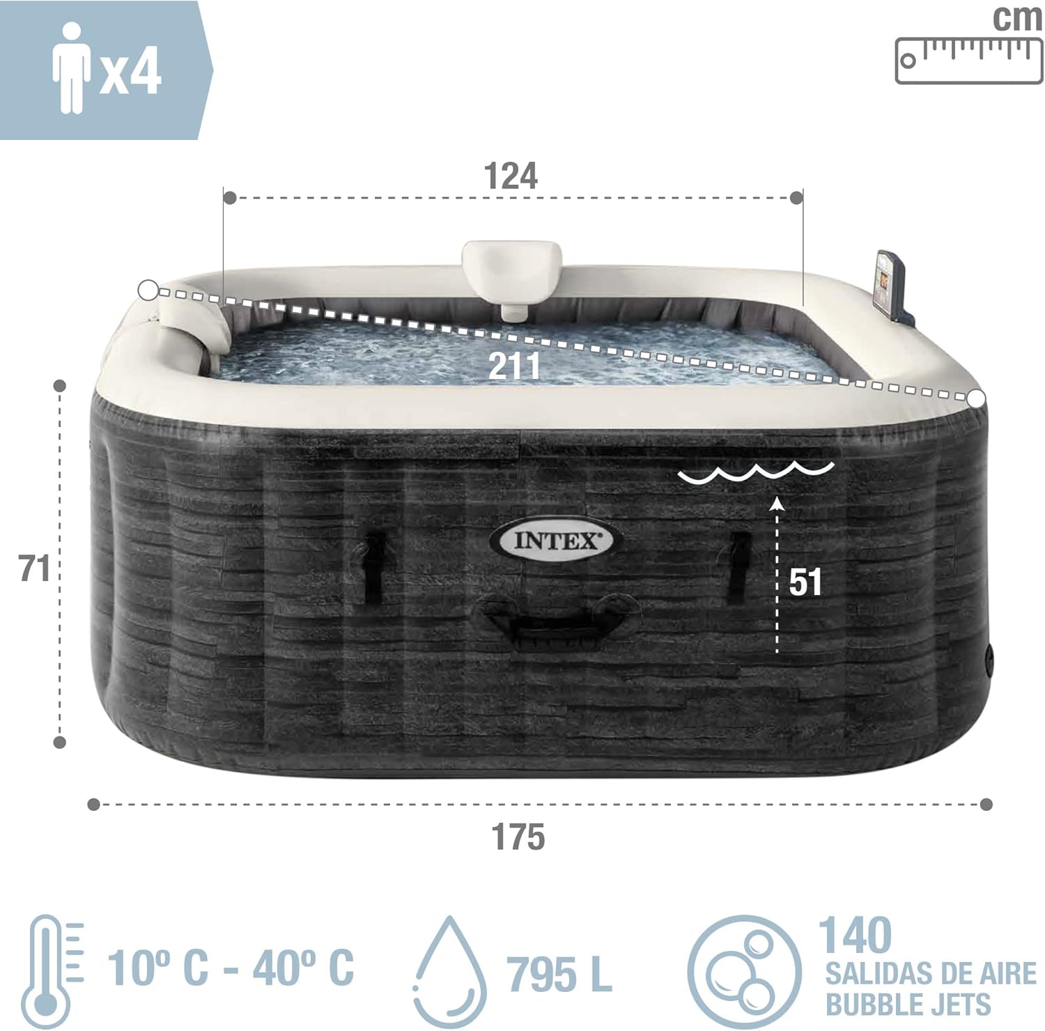 Intex - 28450EX - Pure Spa Bulles Ardoise 4 Places, Gris Ardoise
