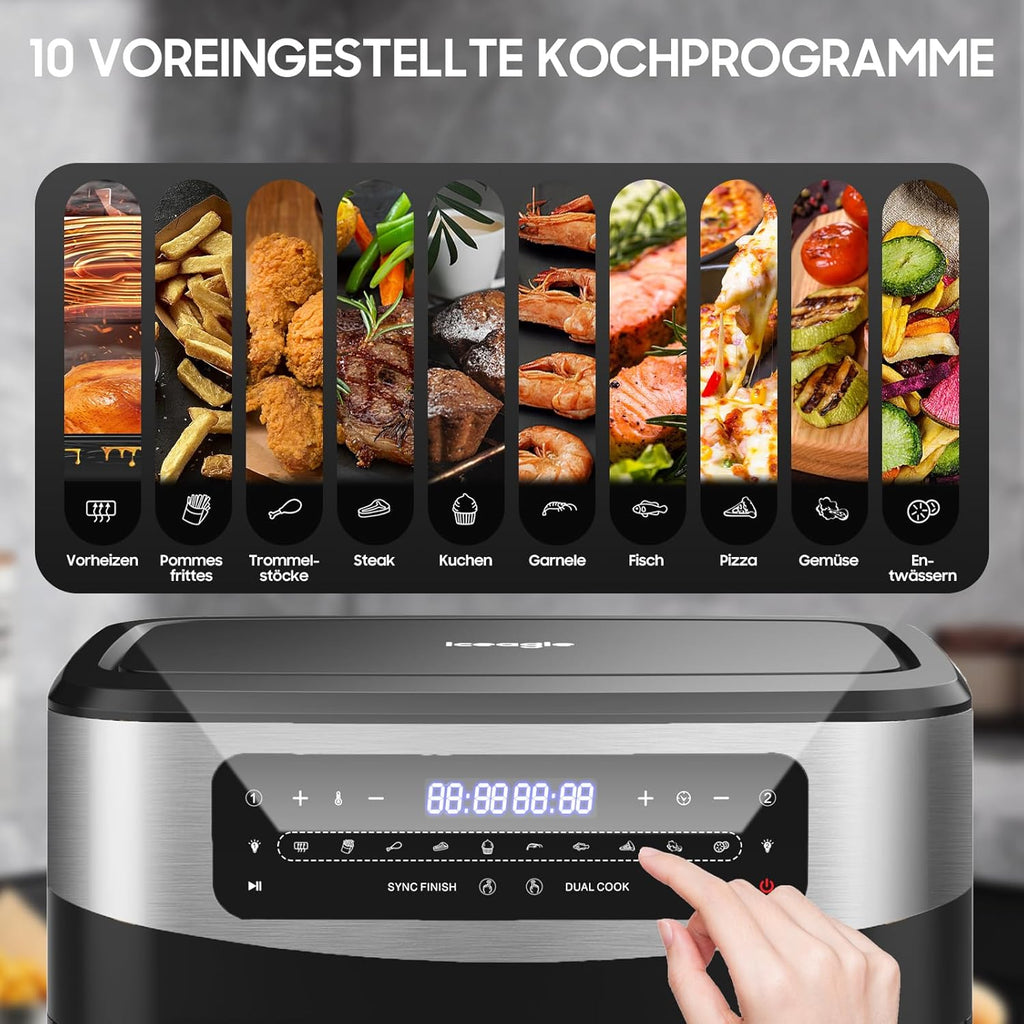 Iceagle Air Fryer 12 L Friteuse sans Huile - Friteuse à Air Chaud avec 10 Programmes, 2 Tiroirs, Fenêtre Visible, Panneau Tactile LED, Fonctions Match Cook & Smart Cook, 2600W, Noir