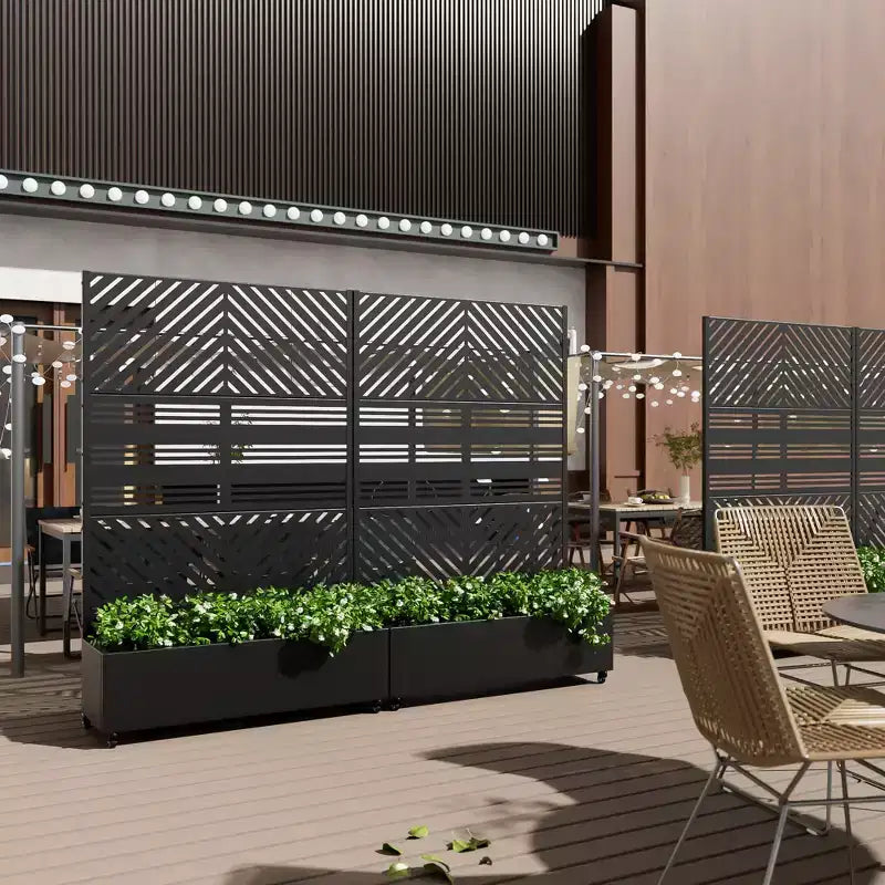 MAYEERTY Planter Box with Trellis Iron Black Parallel Line 01 Louvered Classic Combined Style 72x47x16in 3-Piece Set
