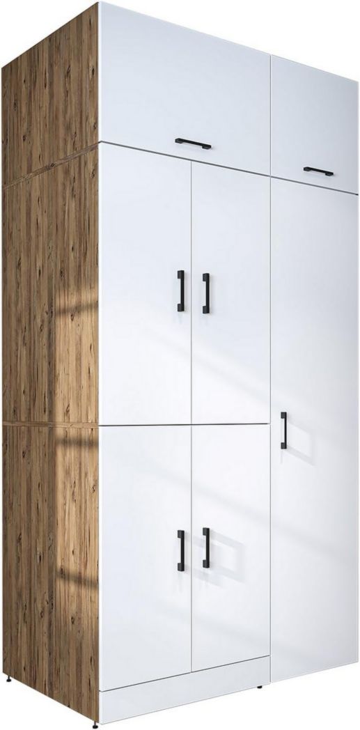 ROOMART Dora - Meuble pour machine à laver - Pour sèche-linge et machine à laver - En 4 couleurs - Avec portes et panneau coulissant - Blanc - Chêne blanc - Chêne anthracite - Chêne blanc (chêne blanc)