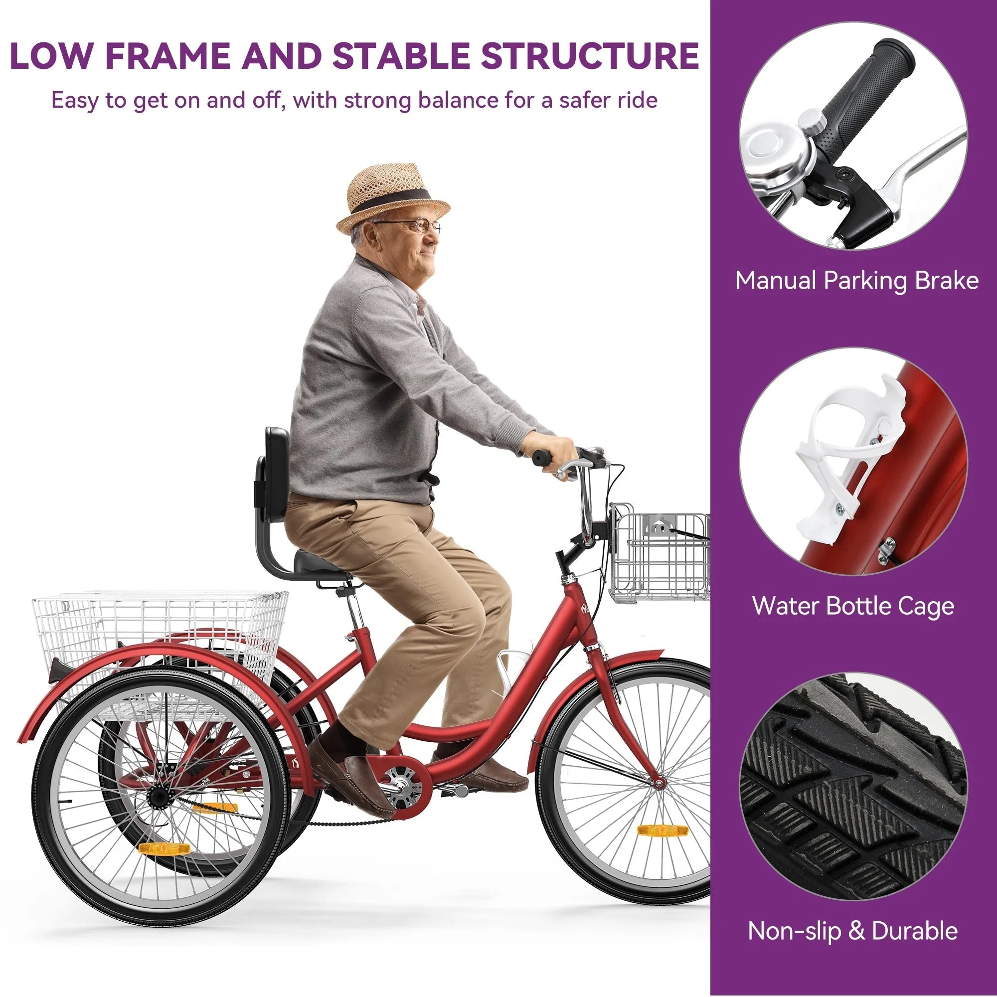 26 Blue Adult Tricycle 3 Wheel Bikes with Removable Baskets