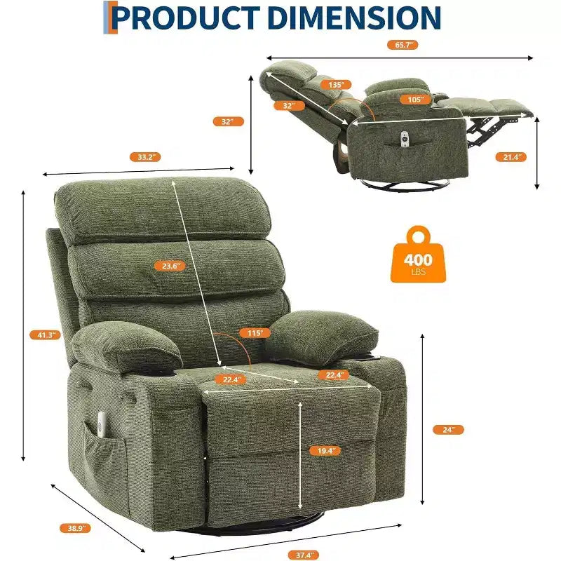 Massage Rocker Recliner with Heating, 360 Swivel Glider Recliner Chairs for Adults, Linen Nursery Chair with Side Pocket, Two Cup Holders